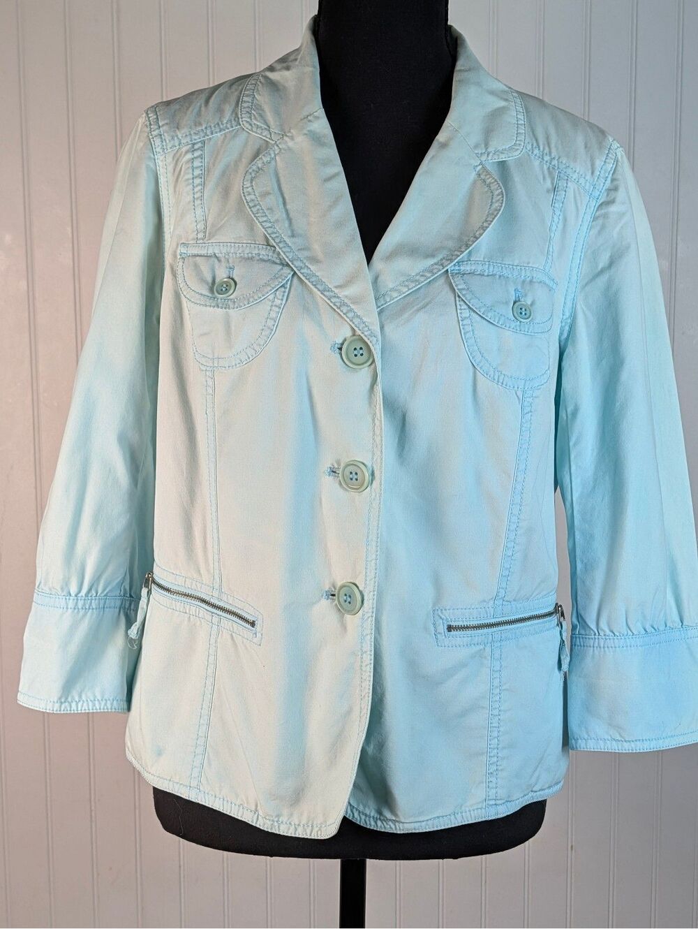 Sigrid Olsen Distressed Aqua Blue Button Front Lightweight Blazer Zip Pockets XS